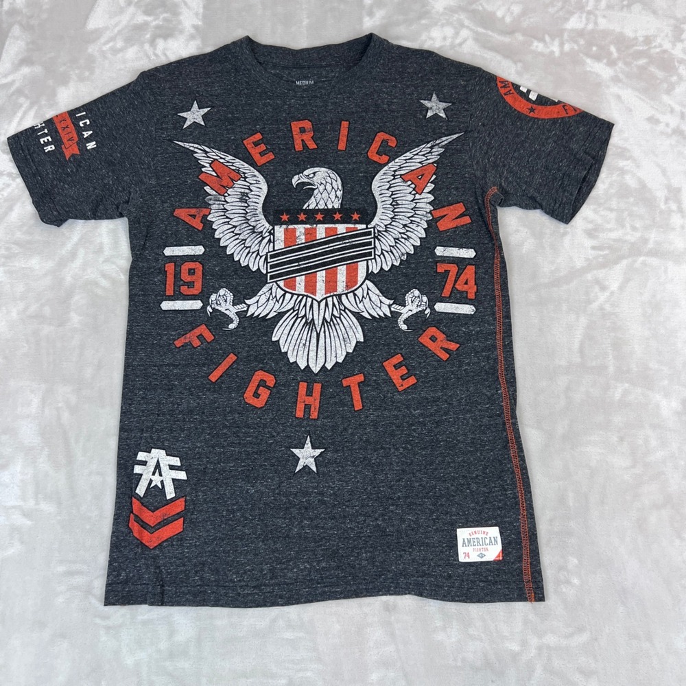 American Fighter T-Shirt Mens Medium Gray Poly Blend Graphic MMA Streetwear Edgy